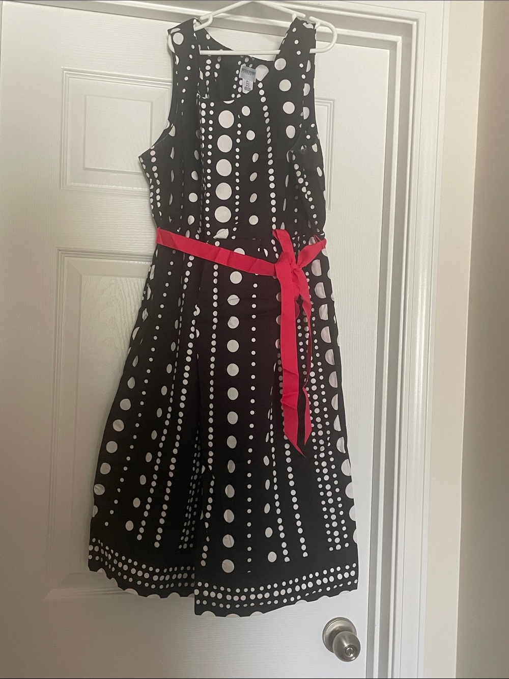 Motherhood Black & White Polka Dot Fit-and-Flare Dress with Pink Sash